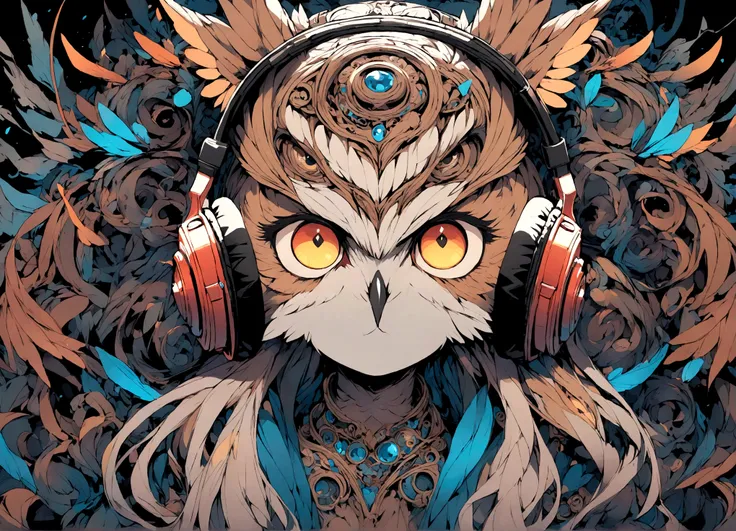 Owl listening to music through headphones
