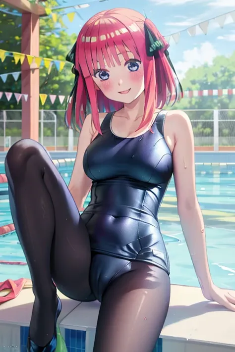 masterpiece, best quality, insanely detailed, beautiful, nino nakano, one-piece swimsuit, breasts, pantyhose, blush, smile, (outdoor swimming pool:1.3), legs spread