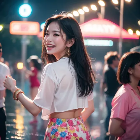 Prompt : preety asian woman dancing in the rain at outdoor nightclub laughing joyfully. open air club here is full of people dancing around her, amid colorful lights and bokeh effects, photo realistic, cinematic, movie still, summer vibes, captured in the ...