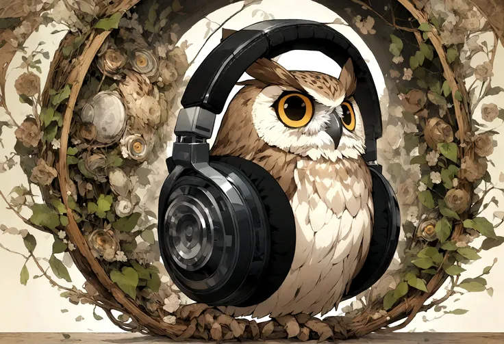 Owl listening to music through headphones