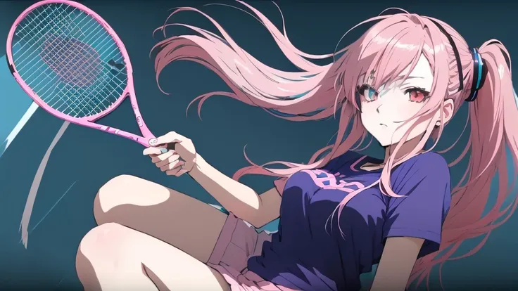 Anime girl with pink hair and a blue shirt holding a tennis racket, Anime atmosphere, artwork in the style of Gweitz, Gweitz, Neocultural Technology, Anime Style. 8k, Gweitz masterpiece, Nice style culture, Casciato, Nightcore, Meme Culture, Anime Style mi...