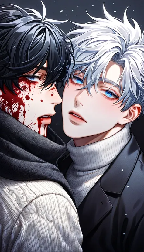 absurdres, highres, ultra detailed, HDR, master piece, best quality, extremely detailed face, delicated features, Kang Woojin, black messy hair, expressive dark blue eyes, Love Jinx, Gojou Satoru, white hair, expressive blue eyes, two sexy men together cov...