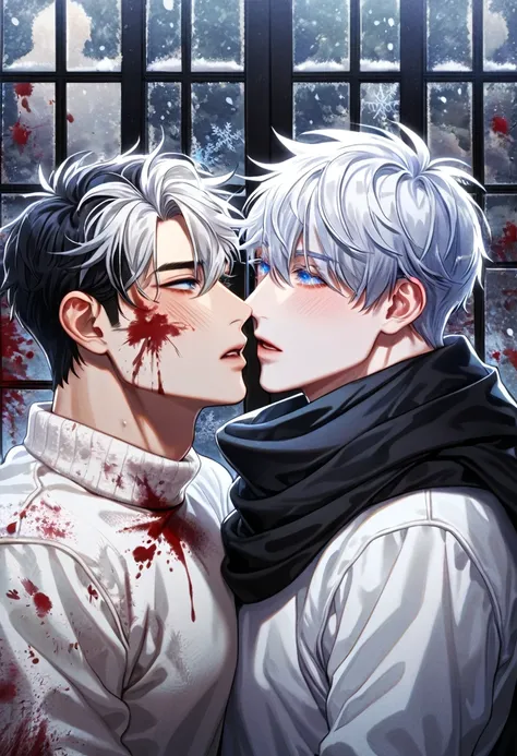 absurdres, highres, ultra detailed, HDR, master piece, best quality, extremely detailed face, delicated features, Kang Woojin, black messy hair, expressive dark blue eyes, Love Jinx, Gojou Satoru, white hair, expressive blue eyes, two sexy men together cov...