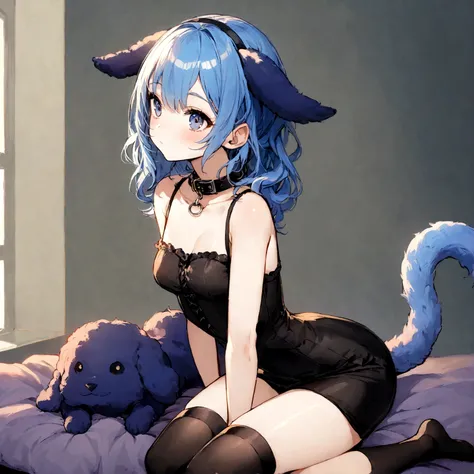 a sexy female with long blue hair, has forward flopping fuzzy puppy ears, has a puppy tail, wearing a black corset, wearing a black mini skirt, has a dark blue dog collar on, wearing cute thigh high socks, relaxing on knees, solo, alone, (SOLO)ALONE), no d...