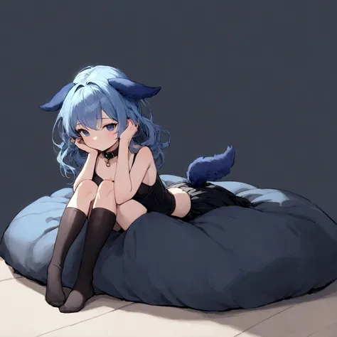 a sexy female with long blue hair, has forward flopping fuzzy puppy ears, has a puppy tail, wearing a black corset, wearing a black mini skirt, has a dark blue dog collar on, wearing cute thigh high socks, relaxing on knees, solo, alone, (SOLO)ALONE), no d...