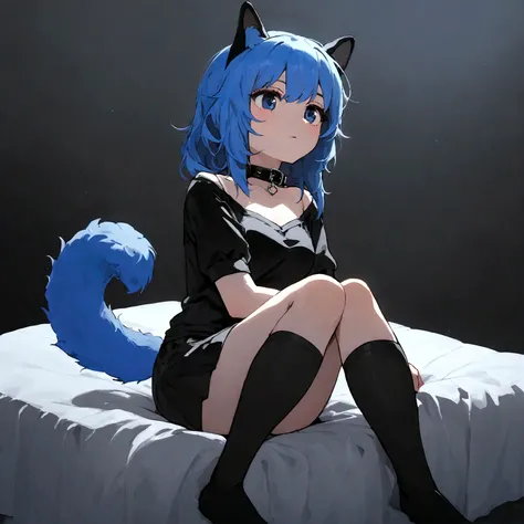 a sexy female with long blue hair, has forward flopping fuzzy puppy ears, has a puppy tail, wearing a black corset, wearing a black mini skirt, has a dark blue dog collar on, wearing cute thigh high socks, relaxing on knees, solo, alone, (SOLO)ALONE), no d...