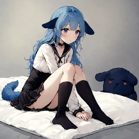 a sexy female with long blue hair, has forward flopping fuzzy puppy ears, has a puppy tail, wearing a black corset, wearing a black mini skirt, has a dark blue dog collar on, wearing cute thigh high socks, relaxing on knees, solo, alone, (SOLO)ALONE), no d...