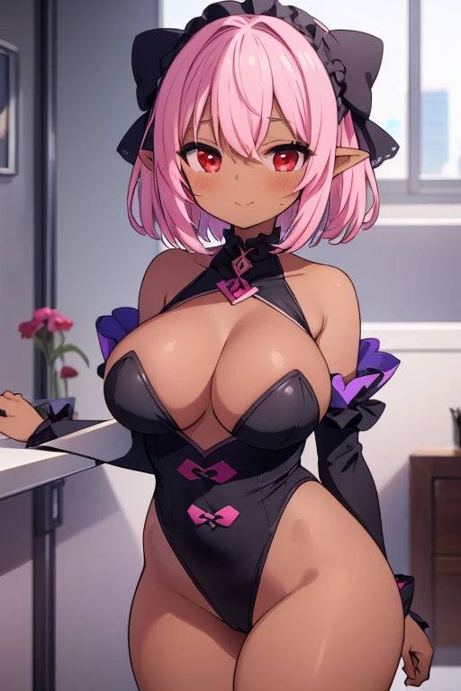 (masterpiece), (highest quality), ((Super detailed))、(super delicate)、Cute naughty Barbarian girl、(dark elf, dark skin:1.3), Pastel colors hair、(large breasts:1.2, Thighs:1.2, thick legs:1.2, curvy:1.2)、Gorgeous、pink hair, (short hair, flipped hair:1.2, ti...