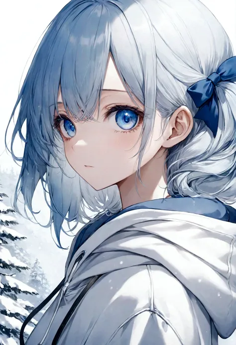 1 girl,light blue hair,blue eyes,hair ribbon,Blue and white hoodie,winter,looking at the viewer,profile photo, eye level shot