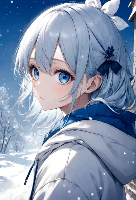 1 girl,light blue hair,blue eyes,hair ribbon,Blue and white hoodie,winter,looking at the viewer,profile photo, eye level shot