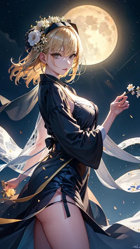 masterpiece, high quality, 4K, Beautiful design, silhouette，blonde， 非常に詳細な夜のStarry Sky,Flower Field， wonderful, Finer details,  Very knowledgeable woman,Devil Highly detailed solo, 1 female,Big Breasts，camisole，mini skirt，garter belt，Night view，Starry Sky，...