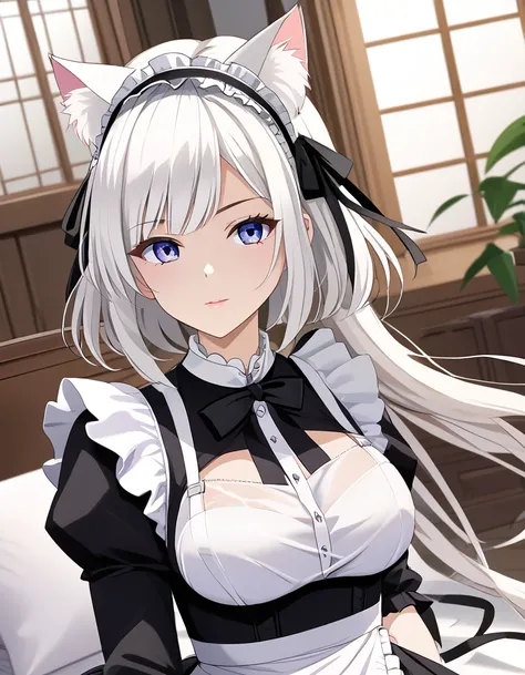 White-haired girl with cat ears、anime、One Woman、Black Ribbon、Black maid outfit、Bob Hair、anime tone、beautiful girl