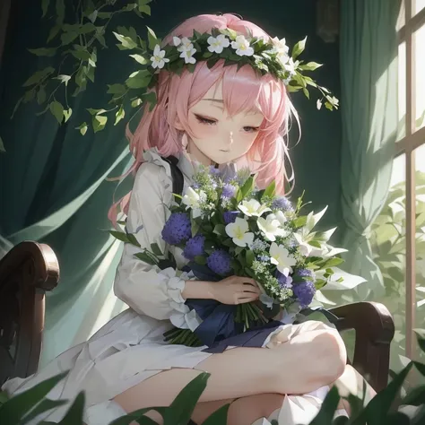 anime girl with pink hair sitting on a bench holding a bouquet of flowers, guweiz on pixiv artstation, guweiz, guweiz on artstation pixiv, with flowers, artwork in the style of guweiz, lolish, anime moe artstyle, anime lush john 8k woods, deity of hydrange...