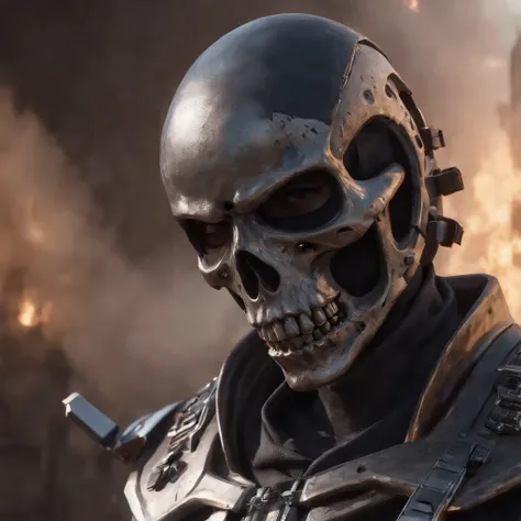 Prompt: Create a highly detailed 8K closeup of a person wearing a skull mask and a helmet. The image should be in a dark digital art style, capturing a detailed profile photo of the character with a hooded skull design. The profile photo should be 1024px, ...