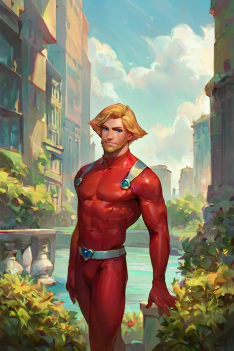 score_9, score_8_up, score_7_up, clover \(totally spies\), blonde hair, short hair, blue eyes, beard, red bodysuit, belt, 1boy, ...