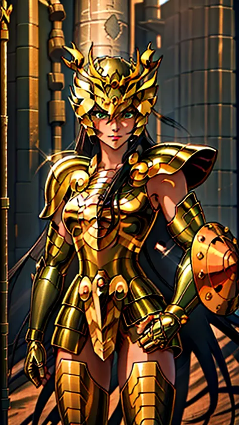 masterpiece, best quality, highres, solo, 1girl, green eyes, helmet,armor, outdoor ,(medium breasts,:1.5)