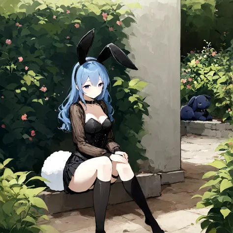 a sexy female with long blue hair, has big fuzzy bunny ears, has a bunny tail, wearing a black corset, wearing a black mini skirt, has a dark blue dog collar on, wearing cute thigh high socks, relaxing on knees, solo, alone, (SOLO)ALONE), no dogs, single g...