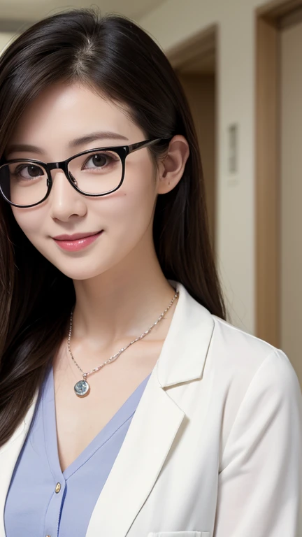 ((highest quality)), ((masterpiece)), Black Glasses、Female doctor、White、Gentle smile、Upper body only、Examination room、Mature Woman、Lovely necklace