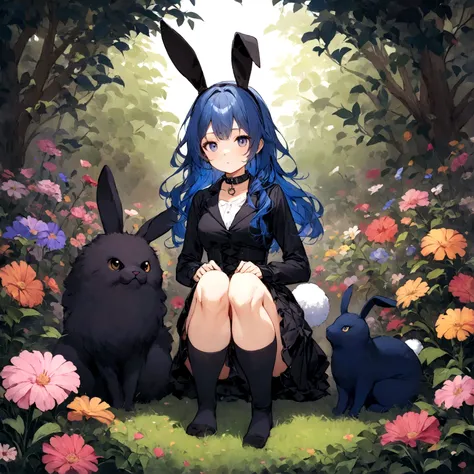 a sexy female with long blue hair, has big fuzzy bunny ears, has a bunny tail, wearing a black corset, wearing a black mini skirt, has a dark blue dog collar on, wearing cute thigh high socks, relaxing on knees, solo, alone, (SOLO)ALONE), no dogs, single g...