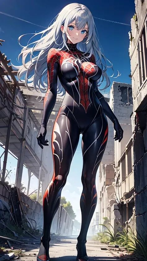 (full body),One girl,Big Breasts,Standing in the ruins of a city,(8k),scratch,Detailed face,Gray Hair,Dark blue eyes,Long Hair,Embarrassing,A small smile,expensive_resolution, expensive_meaning,battlefield,Brave pose,Dark colored suit,(Symbiote Spiderman C...