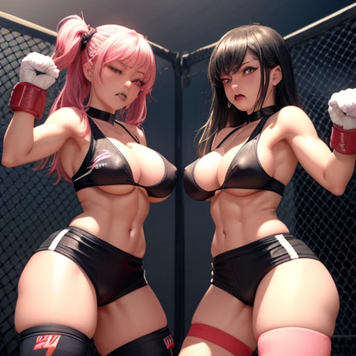 She is cornered in a wire fence, badly beaten by her opponent. She is wearing a sports-bra andhigh-leg shorts. Her opponent tries to kill her with a powerful punch. The girls are exhausted. Two young and beautiful Japanese female mixed martial artists are ...