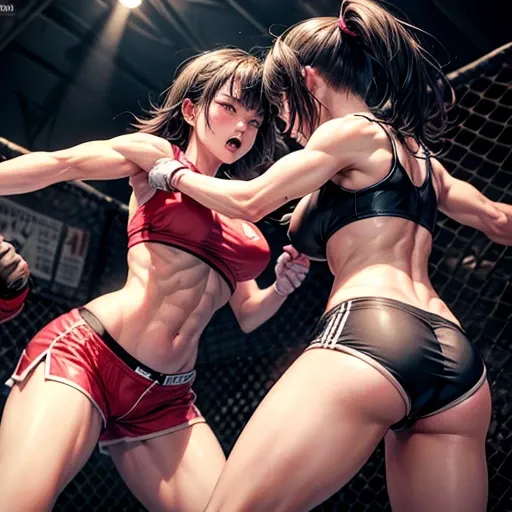 She is cornered in a wire fence, badly beaten by her opponent. She is wearing a sports-bra andhigh-leg shorts. Her opponent tries to kill her with a powerful punch. The girls are exhausted. Two young and beautiful Japanese female mixed martial artists are ...