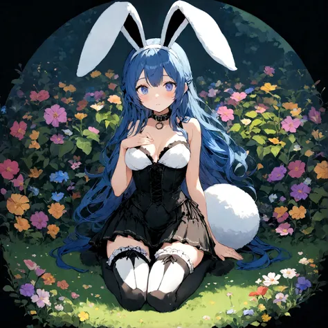 a sexy female with long blue hair, has big fuzzy bunny ears, has a bunny tail, wearing a black corset, wearing a black mini skirt, has a dark blue dog collar on, wearing cute thigh high socks, relaxing on knees, solo, alone, (SOLO)ALONE), no dogs, single g...