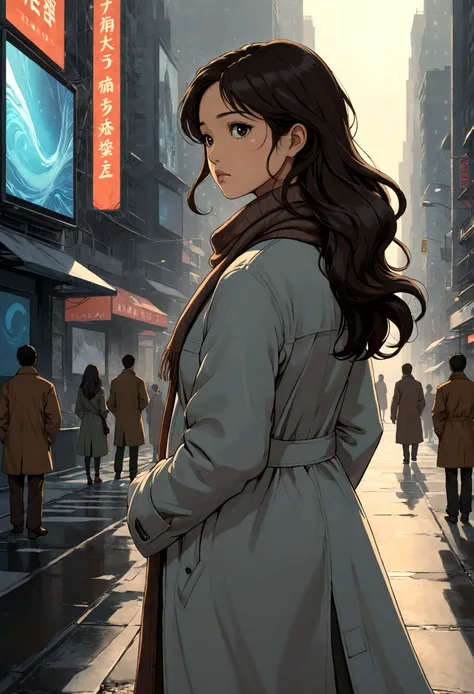 An evocative anime-style illustration of a beautiful Asian woman with long, wavy dark brown hair, wearing a light coat, brown scarf, and dark pants. She stands with her back on the bustling streets of New York, her gaze directed to the screens, reflecting ...