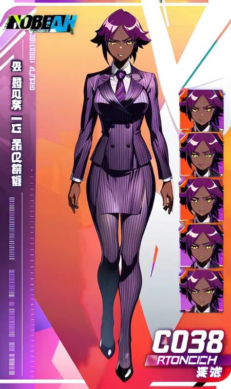  Full body Yoruichi as a thin Black business woman in a double breasted pinstripe purple  skirt suit while wearing a tie with purple pinstripe skirt and with purple knee socks full art 