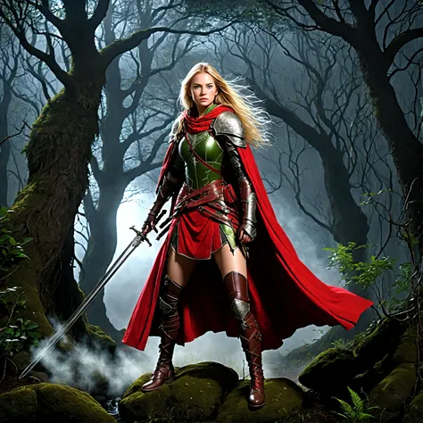 fantasy art, RPG art, Dark fantasy art, ultra wide shot, RAW, photorealistic, a picture of (1single: 1.5) female human ranger, the ranger, an exquisite beautiful human woman, long blond hair, braided hair, green eyes, wearing leather armor, wearing (red cl...