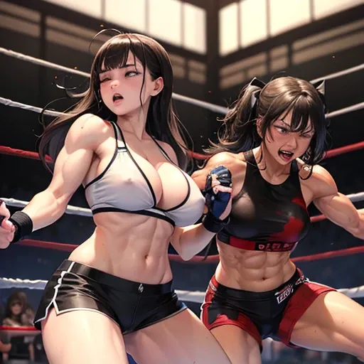 She is cornered in a wire fence, badly beaten by her opponent.dynamic battle action. She is wearing a sports-bra andhigh-leg shorts. Her opponent tries to kill her with a powerful punch. The girls are exhausted. Two young and beautiful Japanese female mixe...