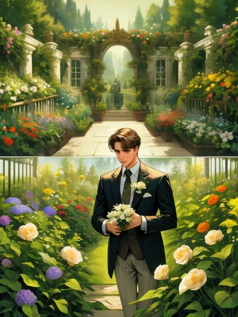 masterpiece, collage of man holding flowers, garden