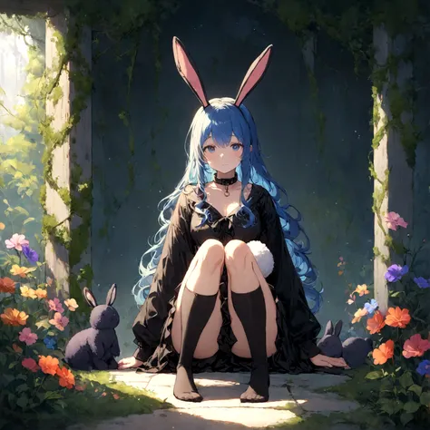 a sexy female with long blue hair, has big fuzzy bunny ears, has a bunny tail, wearing a black corset, wearing a black mini skirt, has a dark blue dog collar on, wearing cute thigh high socks, relaxing on knees, solo, alone, (SOLO)ALONE), no dogs, single g...