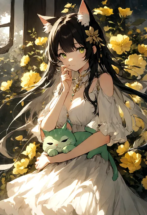 Sure, heres a descriptive prompt for your character:

"A stunning cat girl stands gracefully in the sunlight, her mesmerizing pearl green cat eyes reflecting a world of curiosity and allure. Her medium-length black hair, styled in a chic feather haircut, f...