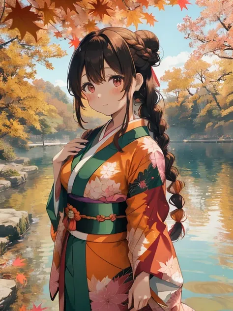 Autumn leaves lakeside,Beautiful lake reflecting light,her fluffy hair is tied up in a loose bun.,Braids,Braiding,Colorful and gorgeous kimono,The hem is long enough to reach the ground,Furisode,shuicolor,white,Pink,Dark green,an orange,A black,reddish,his...