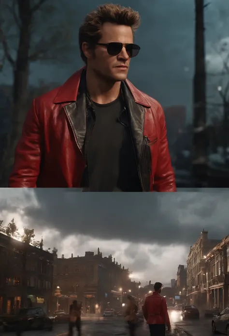 A photo of Tyler Durden leading a group of rebellious individuals, all wearing the iconic red jacket, marching through the city streets.,original,Visually, Tyler is depicted as the epitome of a certain rugged, careless coolness, with a chiseled physique, u...