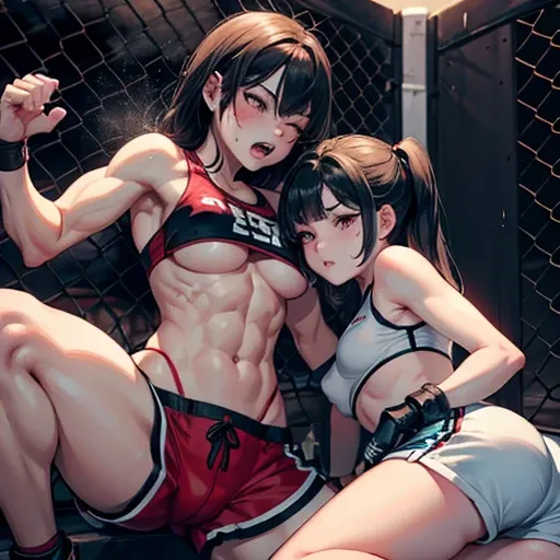 She is cornered in a wire fence, badly beaten by her opponent. She is wearing a sports-bra andhigh-leg shorts. Her opponent tries to kill her with a powerful punch. The girls are exhausted. Two young and beautiful Japanese female mixed martial artists are ...