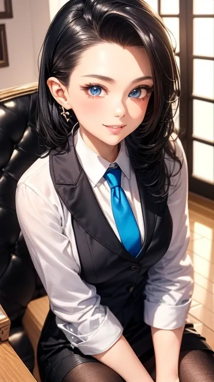 A girl is posing for a photo,pretty girl,Enchanting girl,Anime Girls,
(((One Girl,Baby Face,16 years old))),
BREAK 
 
(black ribbon tie + White Collar Dress Shirt + blue suit jacket + blue suit vest + Blue Shiny Pencil Mini Skirt)、((black pantyhose : low d...