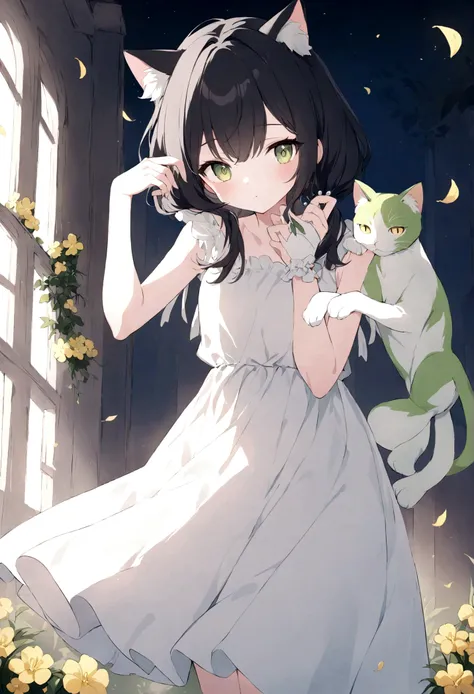 Sure, heres a descriptive prompt for your character:

"A stunning cat girl stands gracefully in the sunlight, her mesmerizing pearl green cat eyes reflecting a world of curiosity and allure. Her medium-length black hair, styled in a chic feather haircut, f...