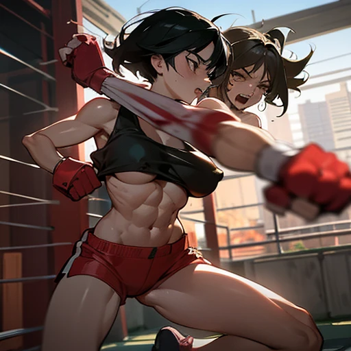 She is cornered in a wire fence, badly beaten by her opponent.dynamic battle action. She is wearing a sports-bra andhigh-leg shorts. Her opponent tries to kill her with a powerful punch. The girls are exhausted. Two young and beautiful Japanese female mixe...