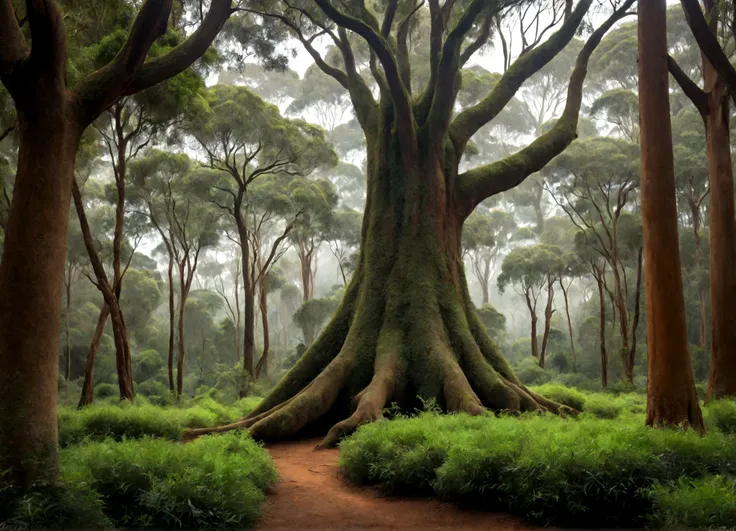 Floresta densa, natureza viva, serpentes, large tree highlighted, smaller trees around, ambiente verde, eucalyptus trees, dense vision