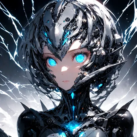 A woman with a robotic A small, agile robot with bright, inquisitive eyes. Its body is a sleek, metallic blue with thin, silver limbs that appear quick and responsive.
Close-up on its face, showcasing its focused expression as it analyzes data streams.