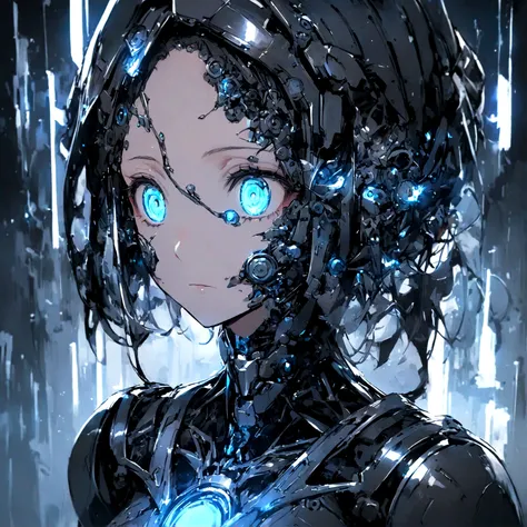 A woman with a robotic A small, agile robot with bright, inquisitive eyes. Its body is a sleek, metallic blue with thin, silver limbs that appear quick and responsive.
Close-up on its face, showcasing its focused expression as it analyzes data streams.