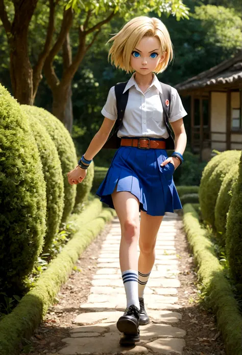 1girl, android18 from "Dragon Ball", Wearing school uniforms, walking on a small path in a typical school environment surrounded by trees, showcasing the vitality of youth and expectations for the future, a woman, blond hair, Short hair, blue eyes, belt, b...