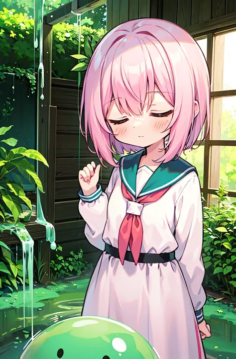 score_9, score_8, 1girl white fabric skin pink hair closed eyes sailor dress in a abandoned building near a forest  cover in green slime