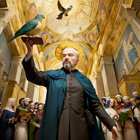 A thought-provoking photograph featuring an iconic portrait of Lenin, artistically blended with the works of various Renaissance masters. The portrait has Lenin holding a bird in his hand, with a subtle hint of surrealism. The image is inspired by the styl...