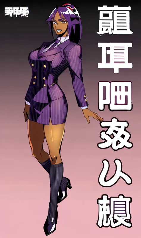  Full body Yoruichi as a thin Black business woman in a double breasted pinstripe purple  skirt suit while wearing a tie with purple pinstripe skirt and with black knee socks full 