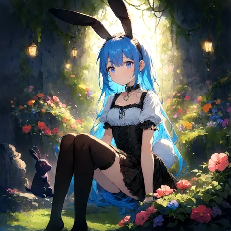 a sexy female with long blue hair, has big fuzzy bunny ears, has a bunny tail, wearing a black corset, wearing a black mini skirt, has a dark blue dog collar on, wearing cute thigh high socks, relaxing on knees, solo, alone, (SOLO)ALONE), no dogs, single g...