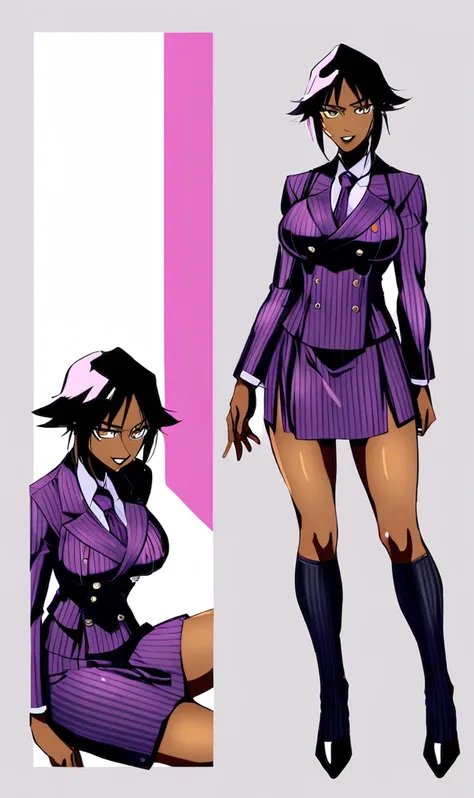  Full body Yoruichi as a thin Black business woman in a double breasted pinstripe purple  skirt suit while wearing a tie with a long purple pinstripe skirt and with long black knee socks full 