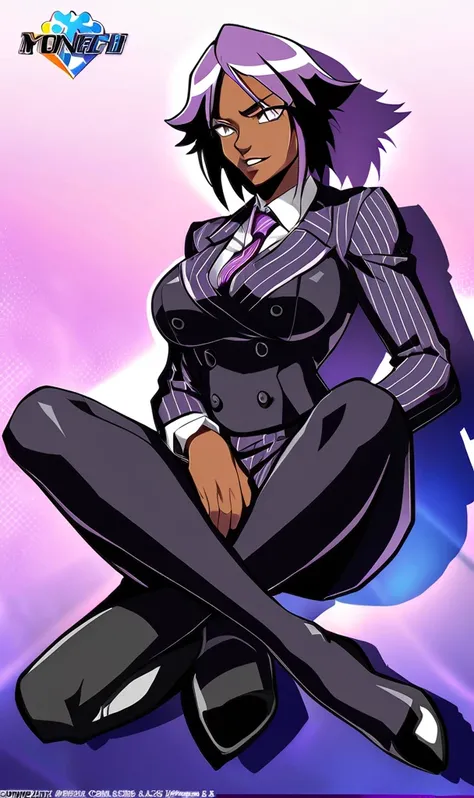  Full body Yoruichi as a thin Black business woman in a double breasted pinstripe purple  skirt suit while wearing a tie with a long purple pinstripe skirt and with long black knee socks full art and make her sit down 